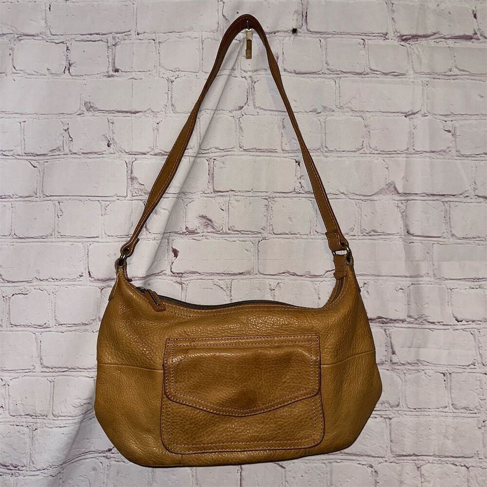 Vintage Fossil Women's Tan Brown Leather Shoulder Bag with Front Flap Pocket